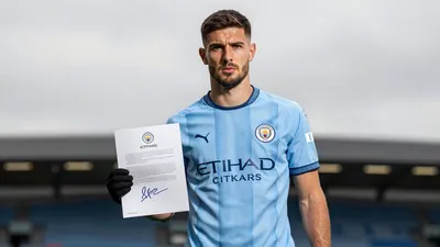 Mid-30s anonymous Manchester City midfielder, athletic build, waist-up, intense gaze, clutching a signed contract in his...