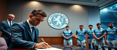 Elliot Anderson, 23, mid-fielder, captured mid-run on a pristine pitch, wearing a plain sky-blue shirt and matching...