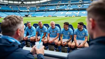 A photo of Manchester City players, including Erling Haaland and Rodri, sitting on the bench during the match, with the...