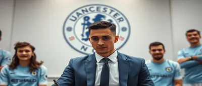 Under overcast Manchester skies, a plain sky-blue Manchester City kit-clad player, anonymous and focused, controls the...