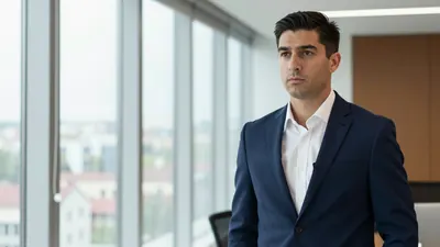A 30-year-old male football coach in a navy blue suit with a white shirt, standing in a modern office with a large...
